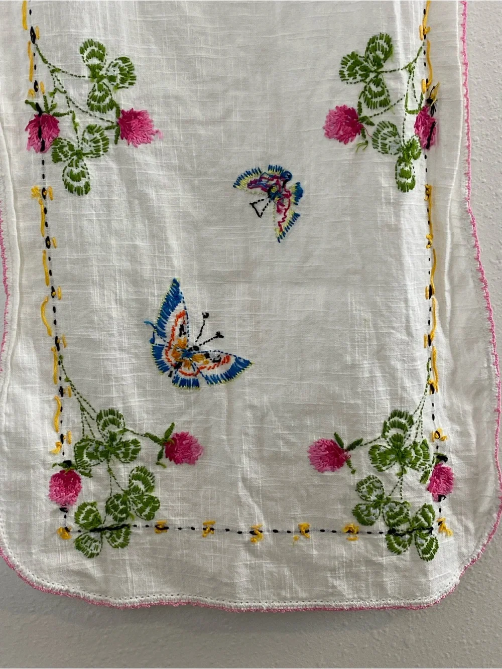 Vintage Embroidered Table Runner with Butterflies & Flowers